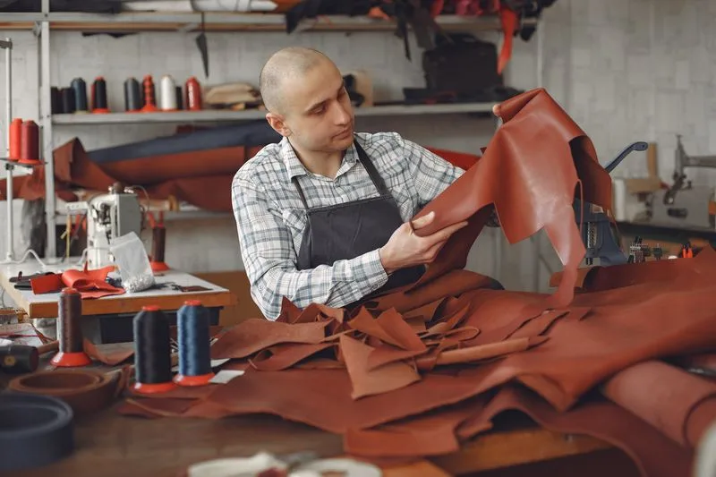 Artisan choisissant une peau de cuir dans un atelier de maroquinerie