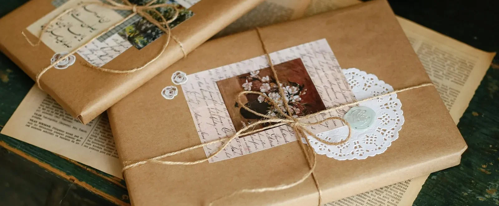 Paquets cadeaux emballés de papier kraft, ficelle et petites images vintage, posés sur de vieux journaux